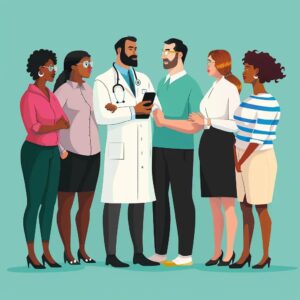 Diverse individuals in a medical weight loss consultation, highlighting personalized health plans