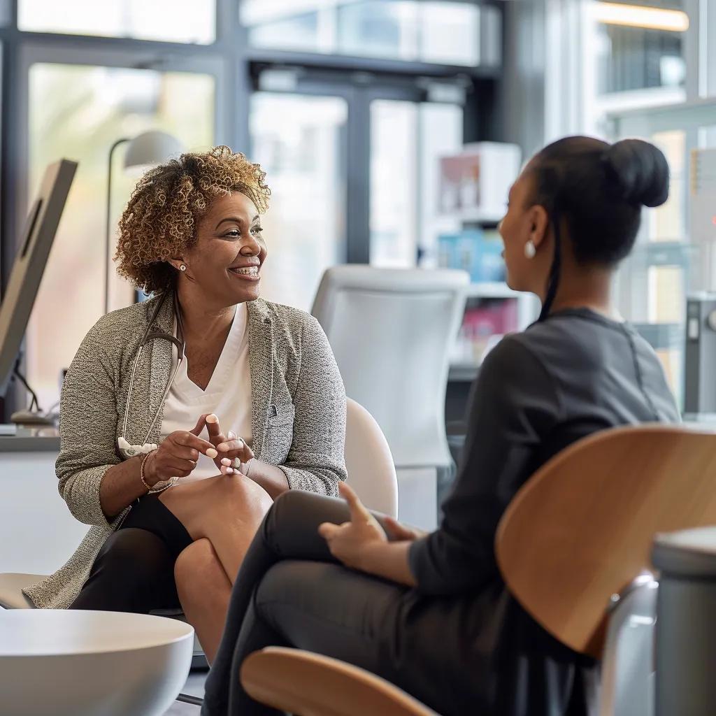 Healthcare professional explaining peptide therapy to a patient in a modern clinic