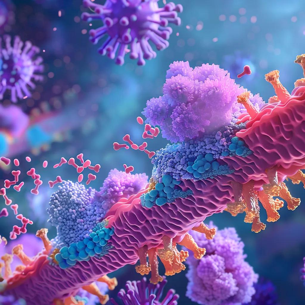 Illustration of peptides binding to cell receptors, showcasing molecular interaction
