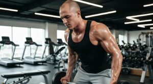 Fit individual training in a gym, representing peptides for muscle growth and toning