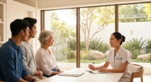 A diverse group of individuals consulting with a medical professional about peptide therapy for weight loss at a modern wellness clinic.