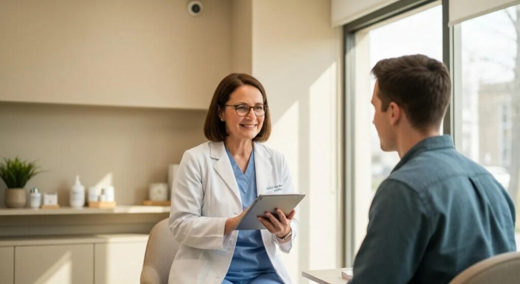 A healthcare professional consults with a patient about peptide therapy at a wellness clinic.