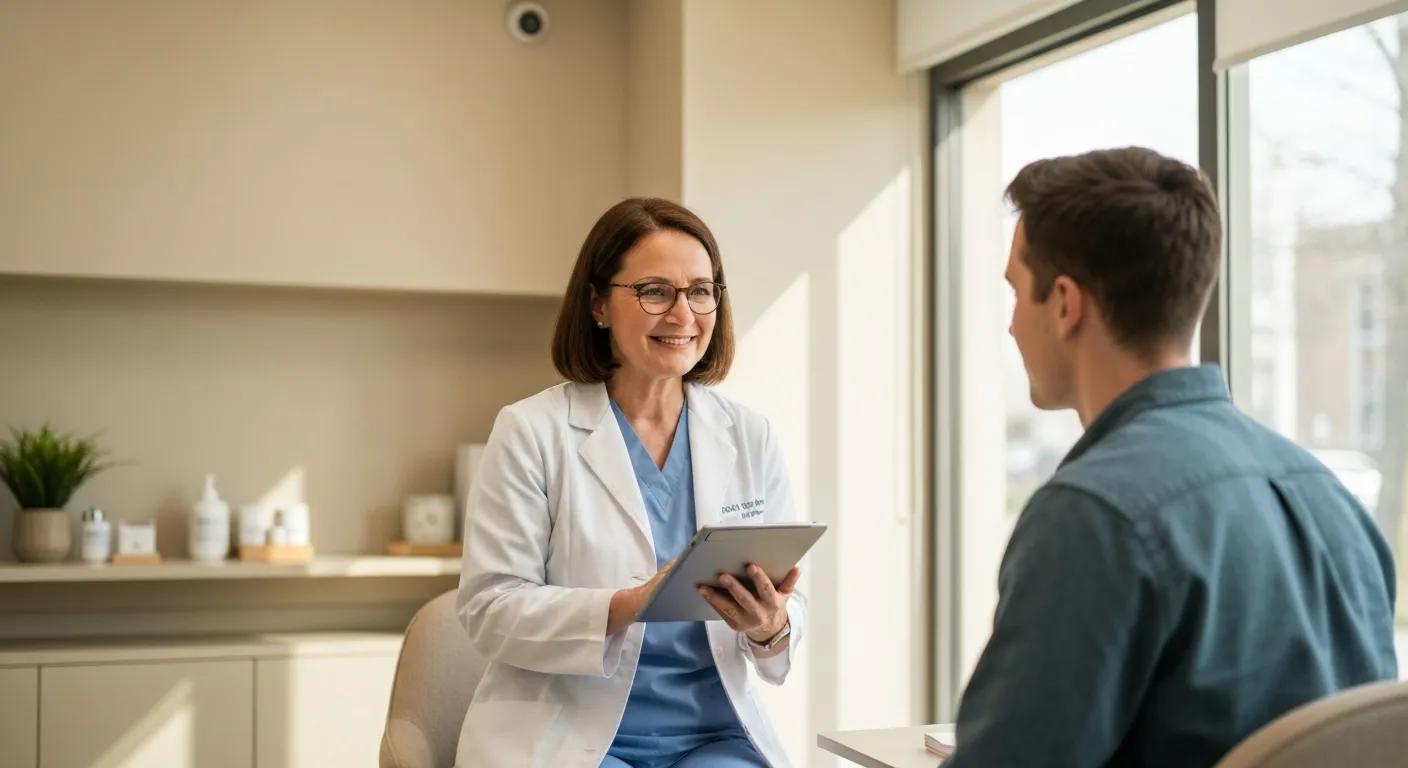 A healthcare professional consults with a patient about peptide therapy at a wellness clinic.