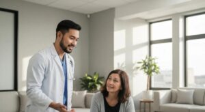 A healthcare professional discusses peptide therapy options with a patient in a modern, serene clinic setting.