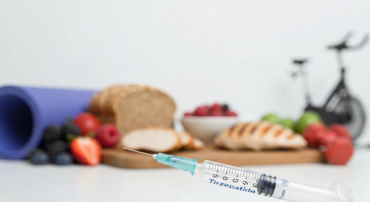 A close-up of a Tirzepatide syringe, with healthy foods and fitness equipment subtly blurred in the background.