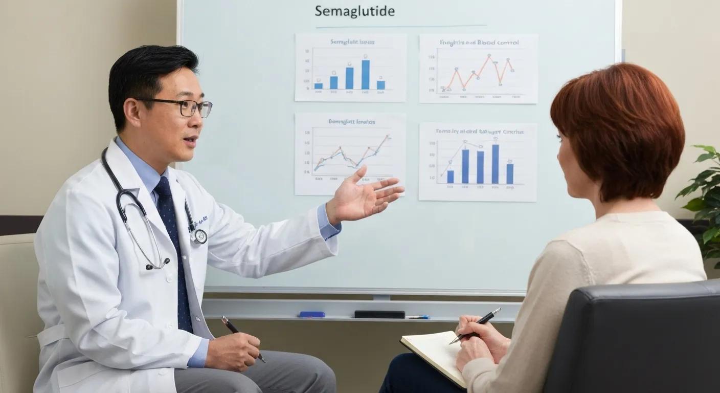 A healthcare professional is explaining the benefits of Semaglutide for weight loss and blood sugar control to a patient.