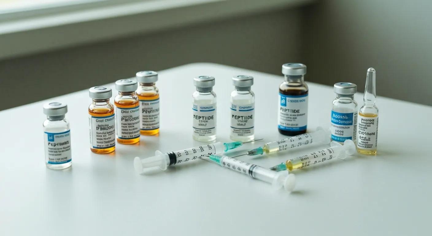 Peptide vials and syringes on a clinical surface, illustrating their role in muscle development