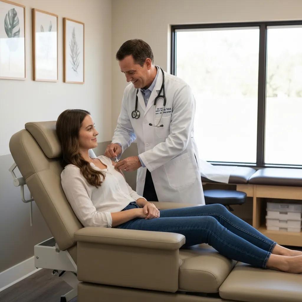 A patient receives a subcutaneous peptide therapy injection in a comfortable wellness clinic setting.