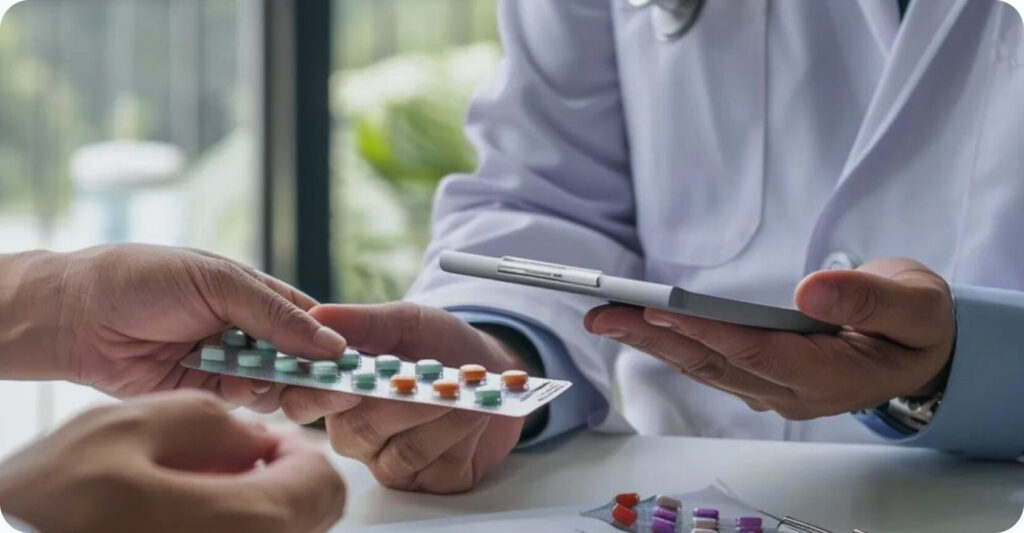A clinician handing a patient a blister pack of medication